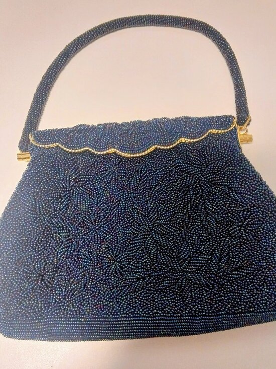 1950s Blue Glass Beaded Evening Purse Hong Kong Vintage Cocktail Bag - Picture 2 of 8